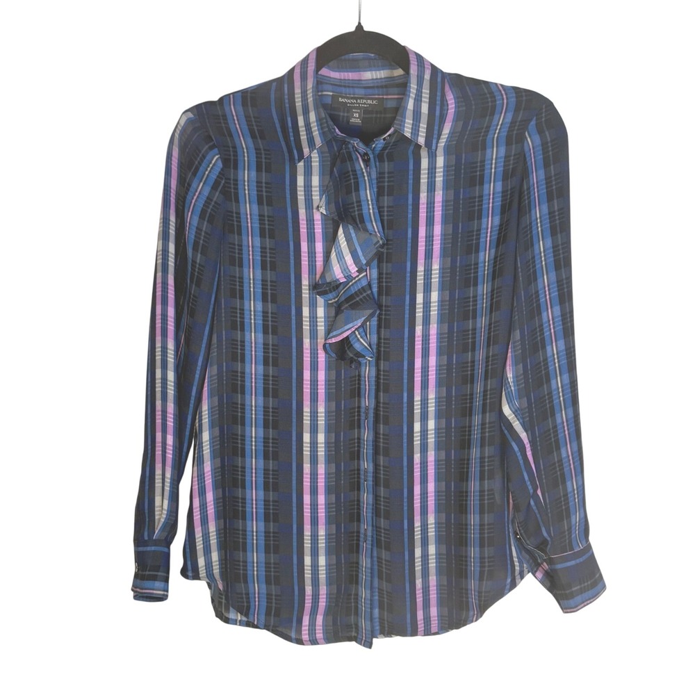 Banana Republic Dillon Shirt XS Petite Plaid Ruffle Career Blouse